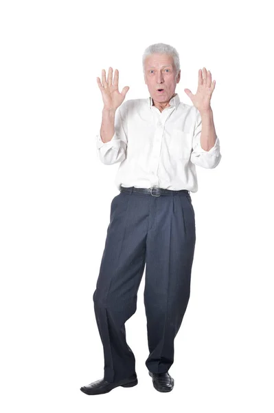 Ritratto Figura Intera Uomo Anziano Sorpreso Posa Isolato Sfondo Bianco — Foto Stock