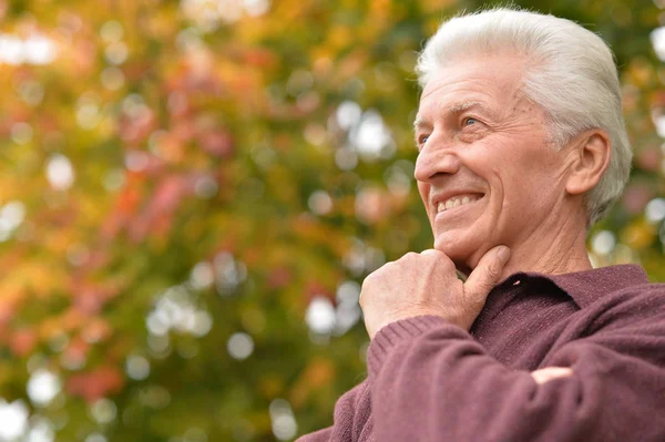 Close Portrait Senior Man Posing Blurred Autumn Park Background — Stock Photo, Image