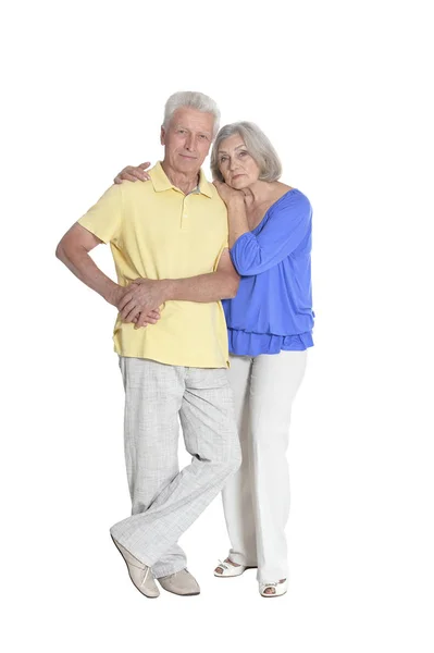 Ritratto Coppia Anziana Che Abbraccia Isolato Sfondo Bianco Lunghezza Intera — Foto Stock