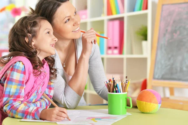 Mother Daughter Sitting Table Drawing Pencils — Stock Photo, Image