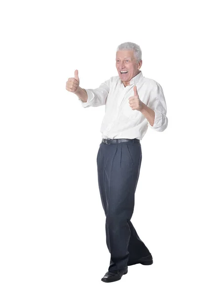 Full Length Portrait Surprised Senior Man Posing Isolated White Background — Stock Photo, Image