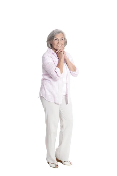 Pleine Longueur Heureuse Femme Âgée Posant Isolée Sur Fond Blanc — Photo