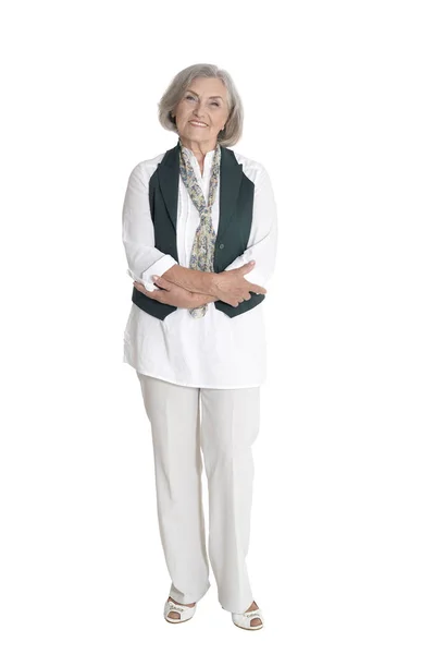 Full Length Portrait Beautiful Senior Woman Casual Clothing Posing Isolated — Stock Photo, Image