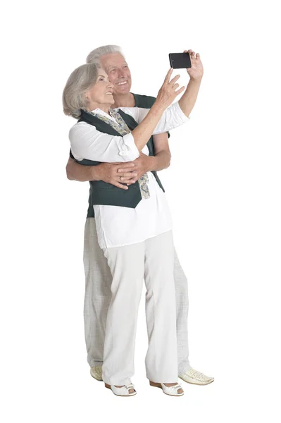 Portrait Couple Personnes Âgées Prenant Selfie Isolé Sur Fond Blanc — Photo