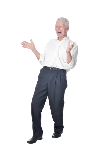 Retrato Comprimento Total Homem Sênior Feliz Posando Isolado Fundo Branco — Fotografia de Stock