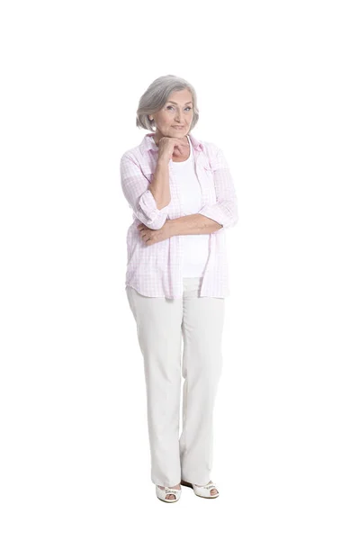 Full Length Happy Senior Woman Posing Isolated White Background — Stock Photo, Image