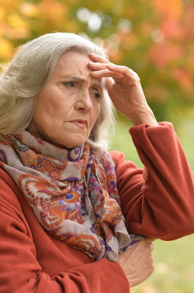 Porträt Einer Nachdenklichen Seniorin Mit Kopfschmerzen Park — Stockfoto