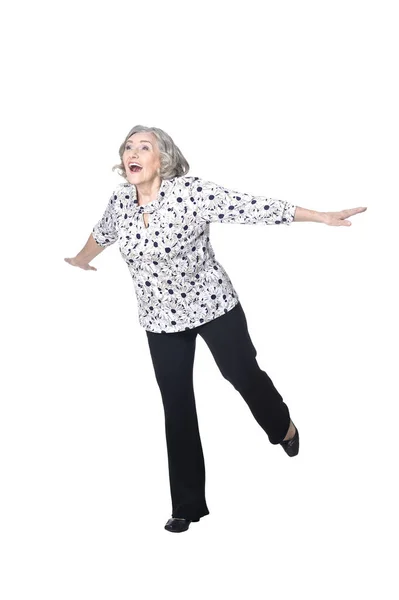 Full Length Happy Senior Woman Posing Isolated White Background — Stock Photo, Image