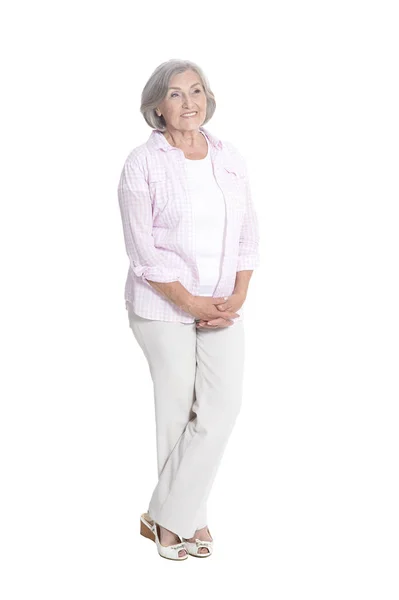 Full Length Happy Senior Woman Posing Isolated White Background — Stock Photo, Image