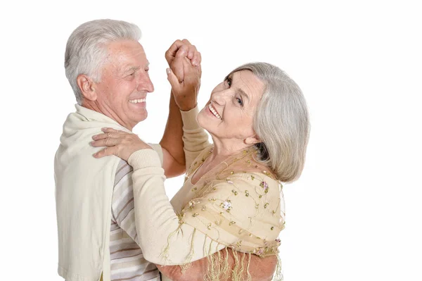 Portret Van Senior Paar Dansen Geïsoleerd Witte Achtergrond — Stockfoto