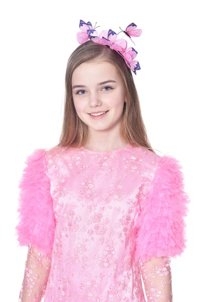 Menina Feliz Traje Carnaval Rosa Posando Isolado Fundo Branco — Fotografia de Stock