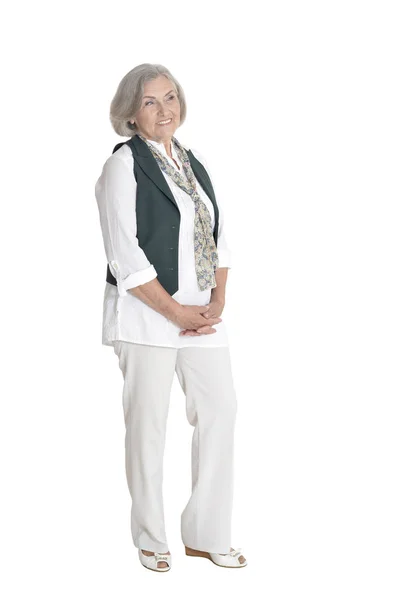 Ganzkörperporträt Der Schönen Seniorin Lässiger Kleidung Posiert Isoliert Auf Weißem — Stockfoto