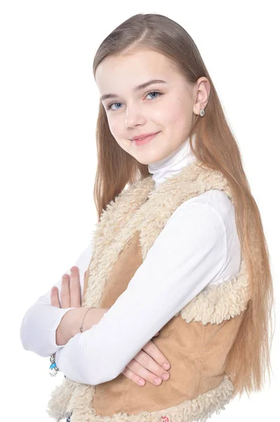 Feliz Niña Posando Aislada Sobre Fondo Blanco — Foto de Stock