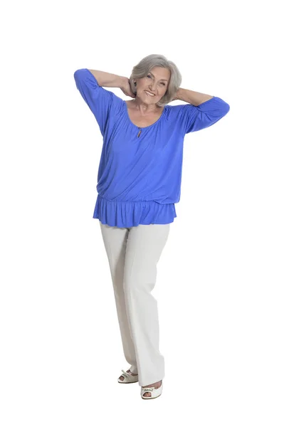 Full Length Happy Senior Woman Posing Isolated White — Stock Photo, Image