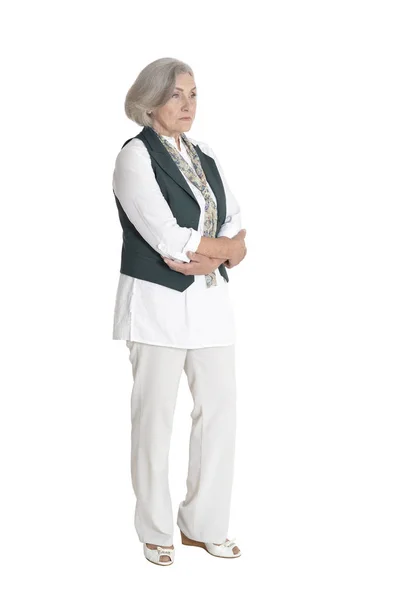 Plná Délka Závažné Starší Žena Pózuje Izolované Bílém — Stock fotografie