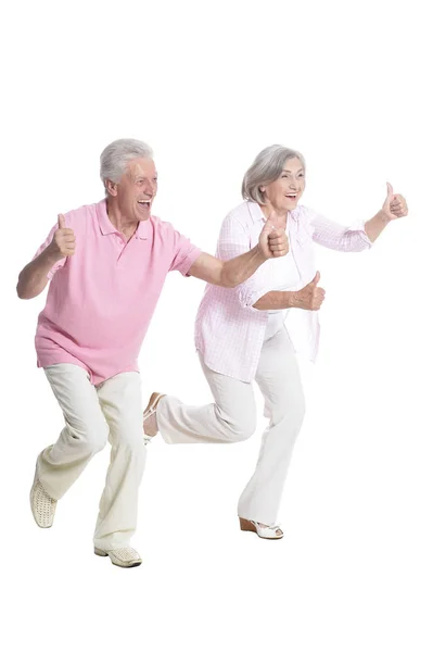 Portret Van Senior Paar Met Duimen Omhoog Geïsoleerd Witte Achtergrond — Stockfoto