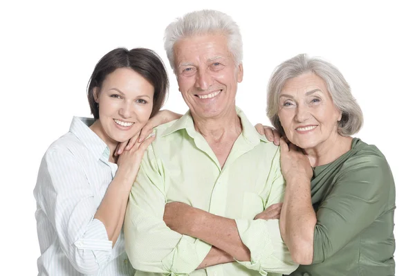 Gelukkige Senior Ouders Met Dochter Geïsoleerd Wit — Stockfoto