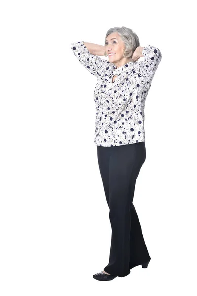 Full Length Happy Senior Woman Posing Isolated White Background — Stock Photo, Image