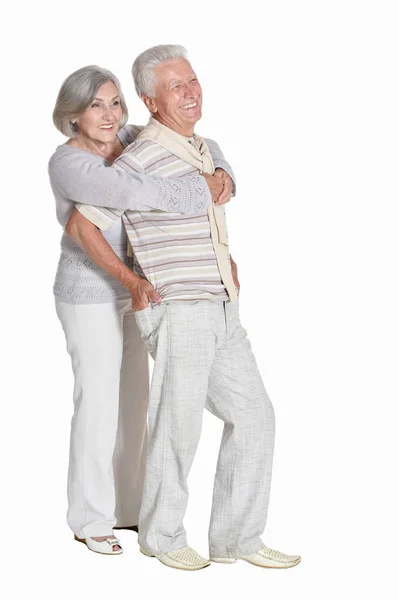 Portrait Couple Personnes Âgées Étreignant Isolé Sur Fond Blanc — Photo