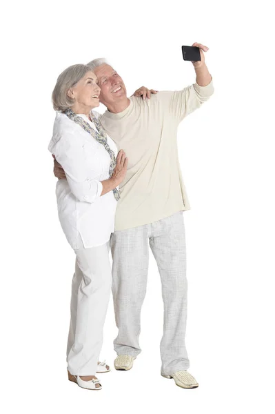 Portrait Senior Couple Showing Something Isolated White Background Full Length — Stock Photo, Image