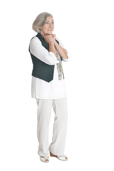 Full Length Happy Senior Woman Posing Isolated White — Stock Photo, Image