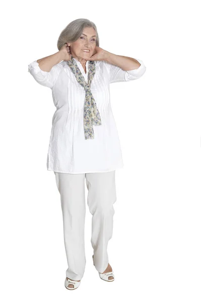 Повна Довжина Щаслива Старша Жінка Позує Ізольована Білому — стокове фото