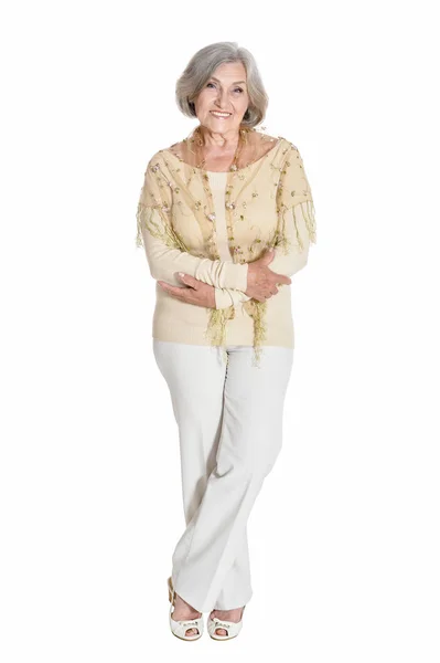 Full Length Happy Senior Woman Posing Isolated White — Stock Photo, Image