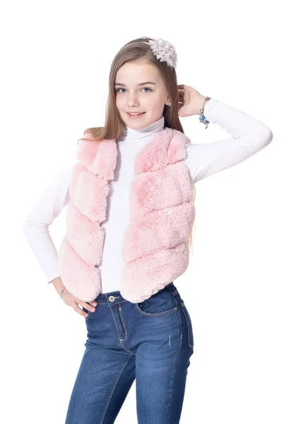 Menina Feliz Colete Pele Rosa Posando Isolado Fundo Branco — Fotografia de Stock