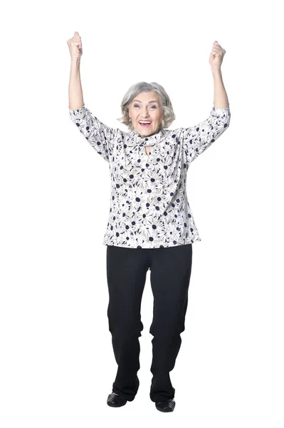 Tam Uzunlukta Eller Yukarı Izole Üzerinde Beyaz Ile Mutlu Kadın — Stok fotoğraf