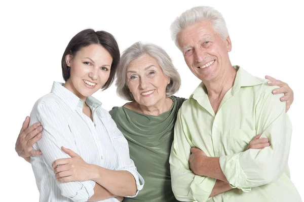 Gelukkige Senior Ouders Met Dochter Geïsoleerd Wit — Stockfoto