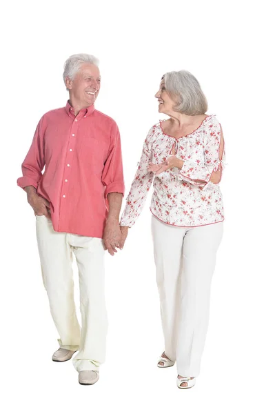 Portrait Senior Couple Holding Hands Isolated White Background Full Length — Stock Photo, Image