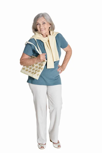 Full Length Happy Senior Woman Posing Isolated White — Stock Photo, Image