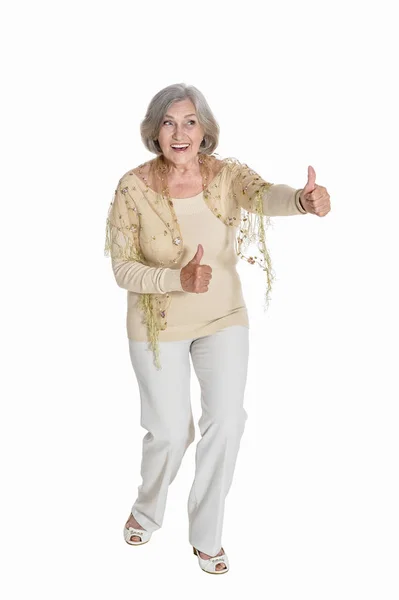 Volle Länge Glückliche Seniorin Mit Erhobenem Daumen Isoliert Auf Weiß — Stockfoto