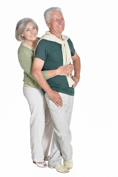 Portrait Couple Personnes Âgées Étreignant Isolé Sur Fond Blanc — Photo
