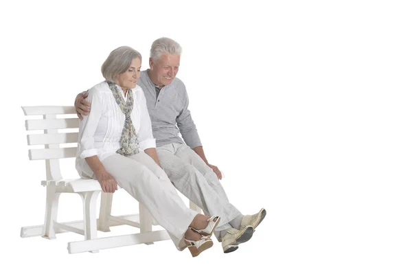 Portrait Senior Couple Sitting Bench Isolated White Background Full Length — Stock Photo, Image