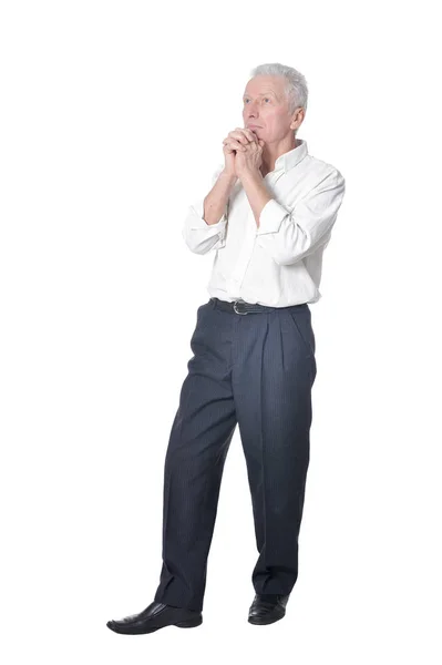 Full Length Portrait Senior Man Praying Isolated White Background — Stock Photo, Image