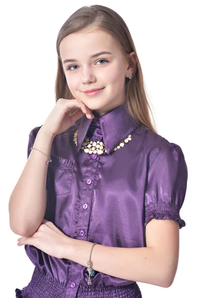 Happy Teen Girl Purple Blouse Posing Isolated White Background — Stock Photo, Image