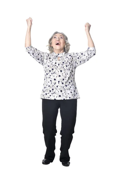 Full Längd Happy Senior Kvinna Med Händerna Upp Isolerade Vit — Stockfoto
