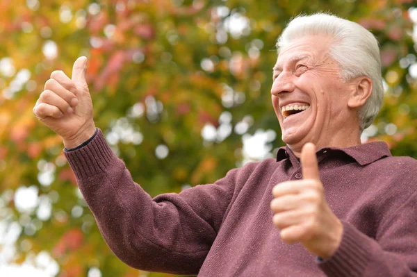 Close Portrait Senior Man Showing Thumbs Blurred Autumn Park Background — Stock Photo, Image