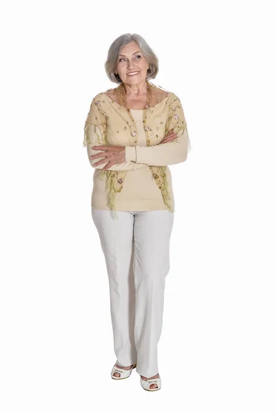 Full Längd Lycklig Senior Kvinna Poserar Isolerade Vit — Stockfoto