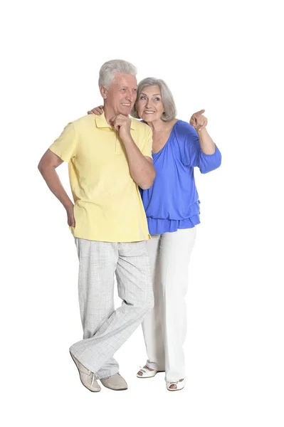 Portrait Senior Couple Showing Something Isolated White Background Full Length — Stock Photo, Image