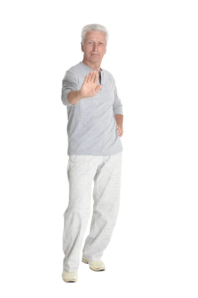Fiducioso Uomo Anziano Con Segno Divieto Isolato Sfondo Bianco — Foto Stock