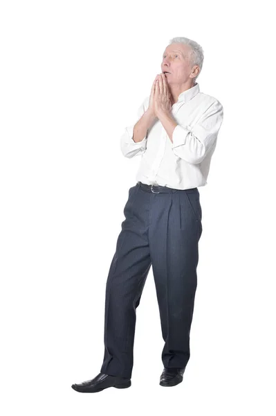 Ritratto Figura Intera Uomo Anziano Che Prega Isolato Sfondo Bianco — Foto Stock
