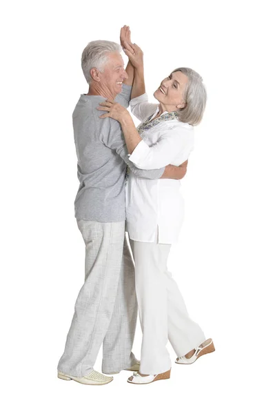 Full Length Portrait Senior Couple Dancing Isolated White Background Stock Photo