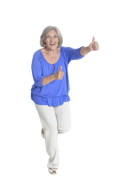 Full Length Happy Senior Woman Thumbs Isolated White Royalty Free Stock Images