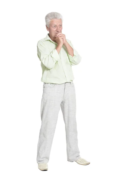 Senior Man Casual Kleding Poseren Geïsoleerd Witte Achtergrond — Stockfoto