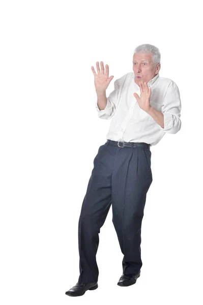 Full Length Portrait Afraid Senior Man Posing Isolated White Background — Stock Photo, Image