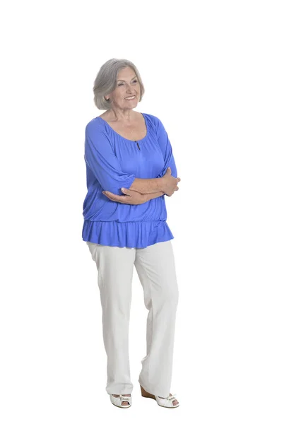 Full Length Portrait Beautiful Senior Woman Blue Blouse Posing Isolated — Stock Photo, Image