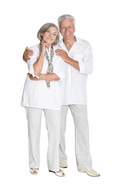 Portrait Senior Couple Hugging Isolated White Background Full Length — Stock Photo, Image