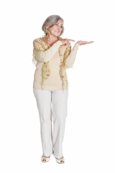 Full Length Portrait Happy Senior Woman Pointing Right Isolated White — Stock Photo, Image
